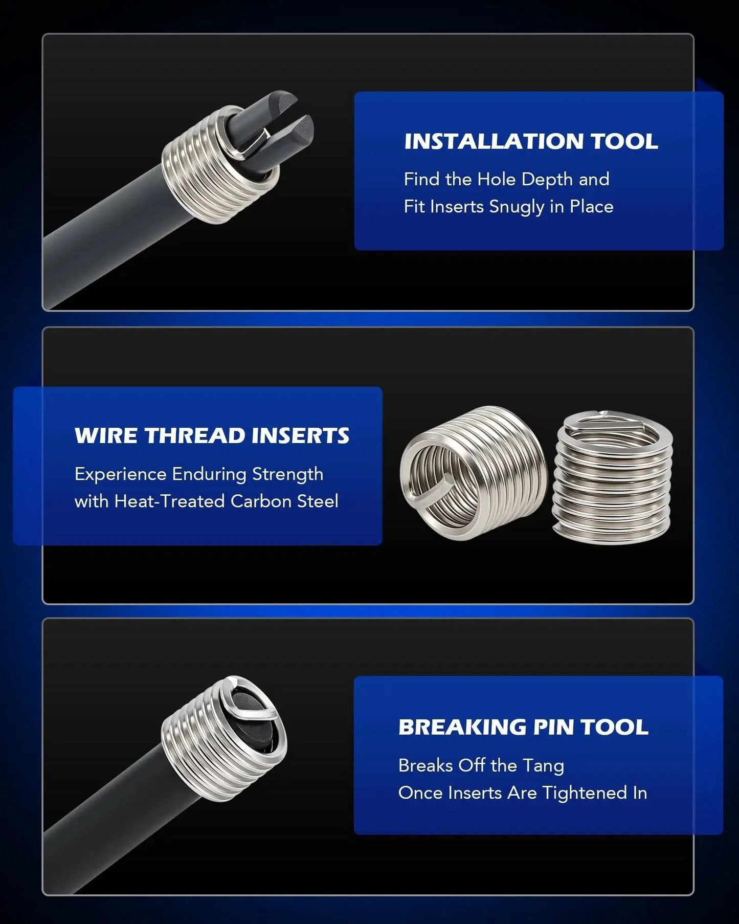 SAE Thread Repair Kit components including installation tool, wire thread inserts, and breaking pin tool for auto repair.