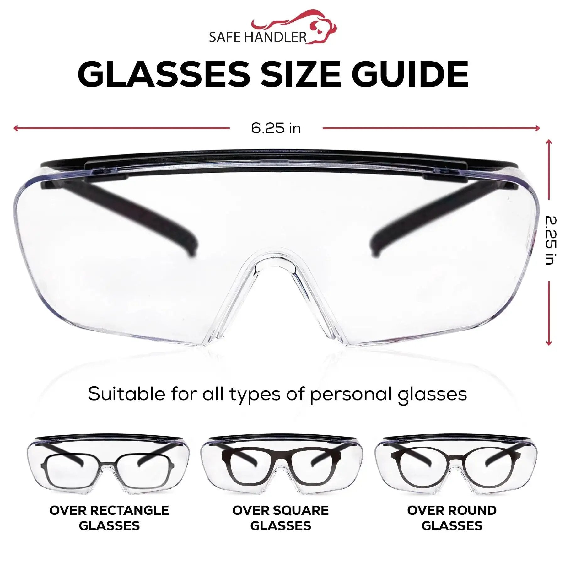 Size guide for Duarte Premium Over Glasses Safety Eyewear With Anti Fog Lenses ANSI Z87.1, showcasing fit over various frame shapes.