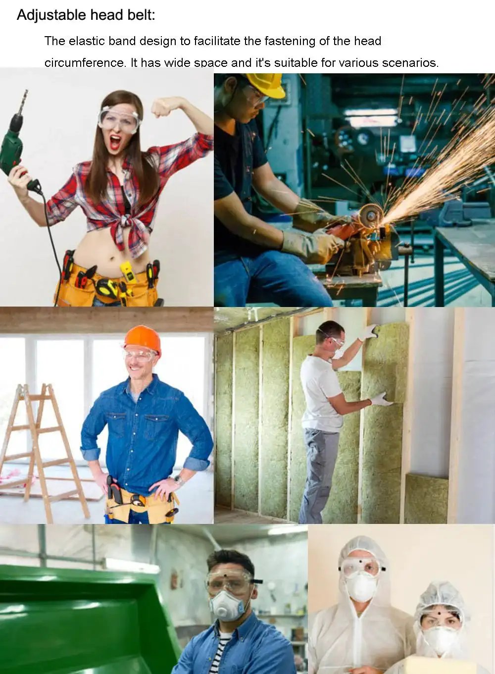 Various people wearing protective safety goggles anti splash wide vision fits over prescription glasses in industrial settings.