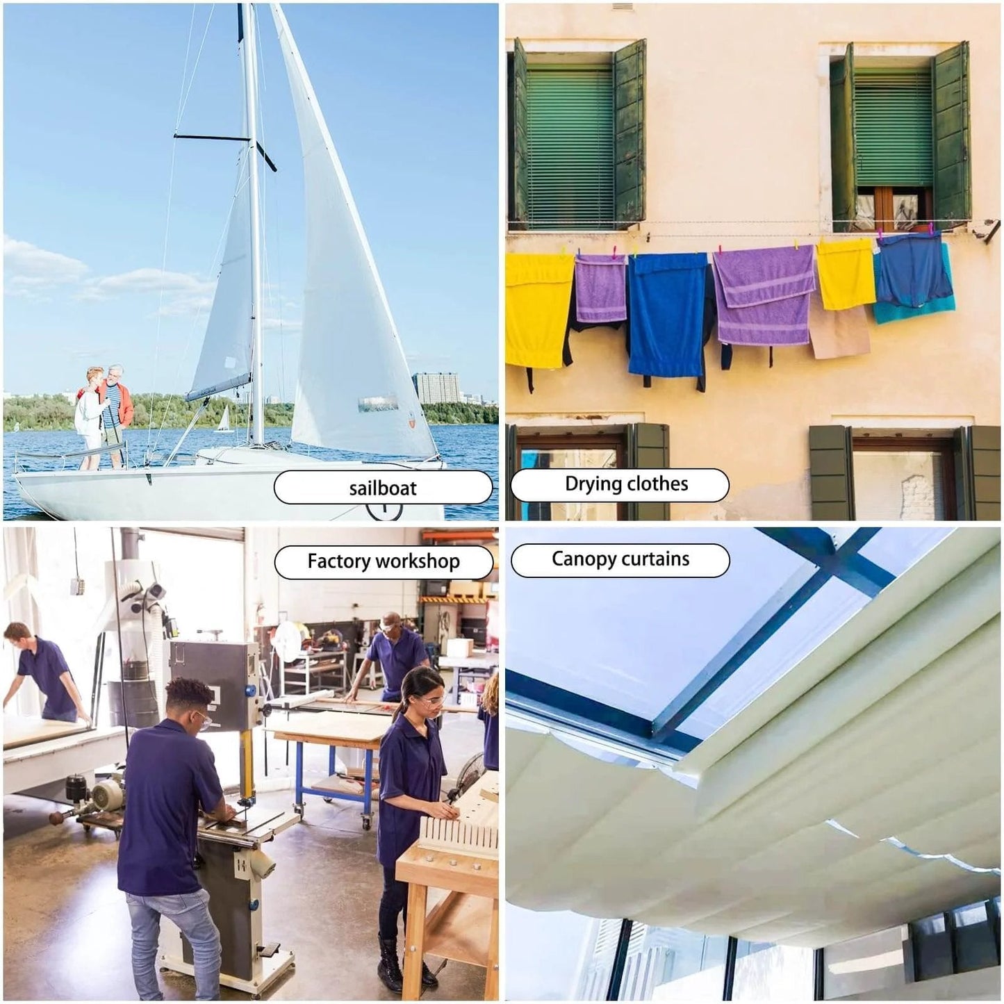 Collage with a sailboat, clothes drying on a line, workers in a factory workshop, and canopy curtains.