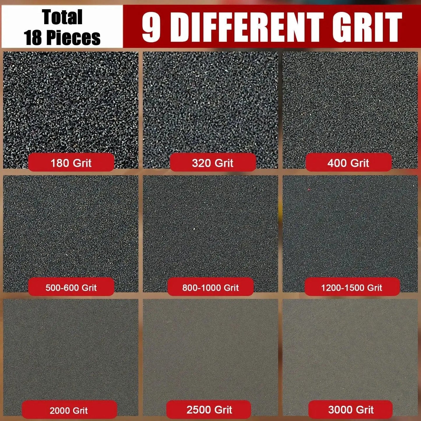 Image of 9 different grit levels in the Five Inch Foam Sanding Pad Set 18 Pcs 180 3000 Grit For Wet Dry Orbital Sander.