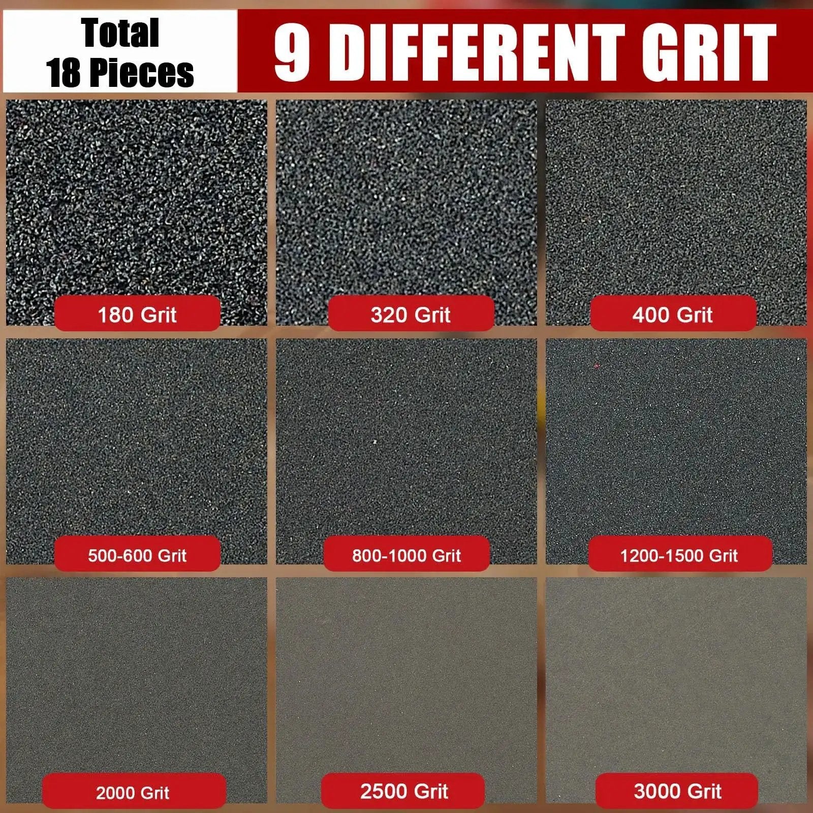 Image of 9 different grit levels in the Five Inch Foam Sanding Pad Set 18 Pcs 180 3000 Grit For Wet Dry Orbital Sander.