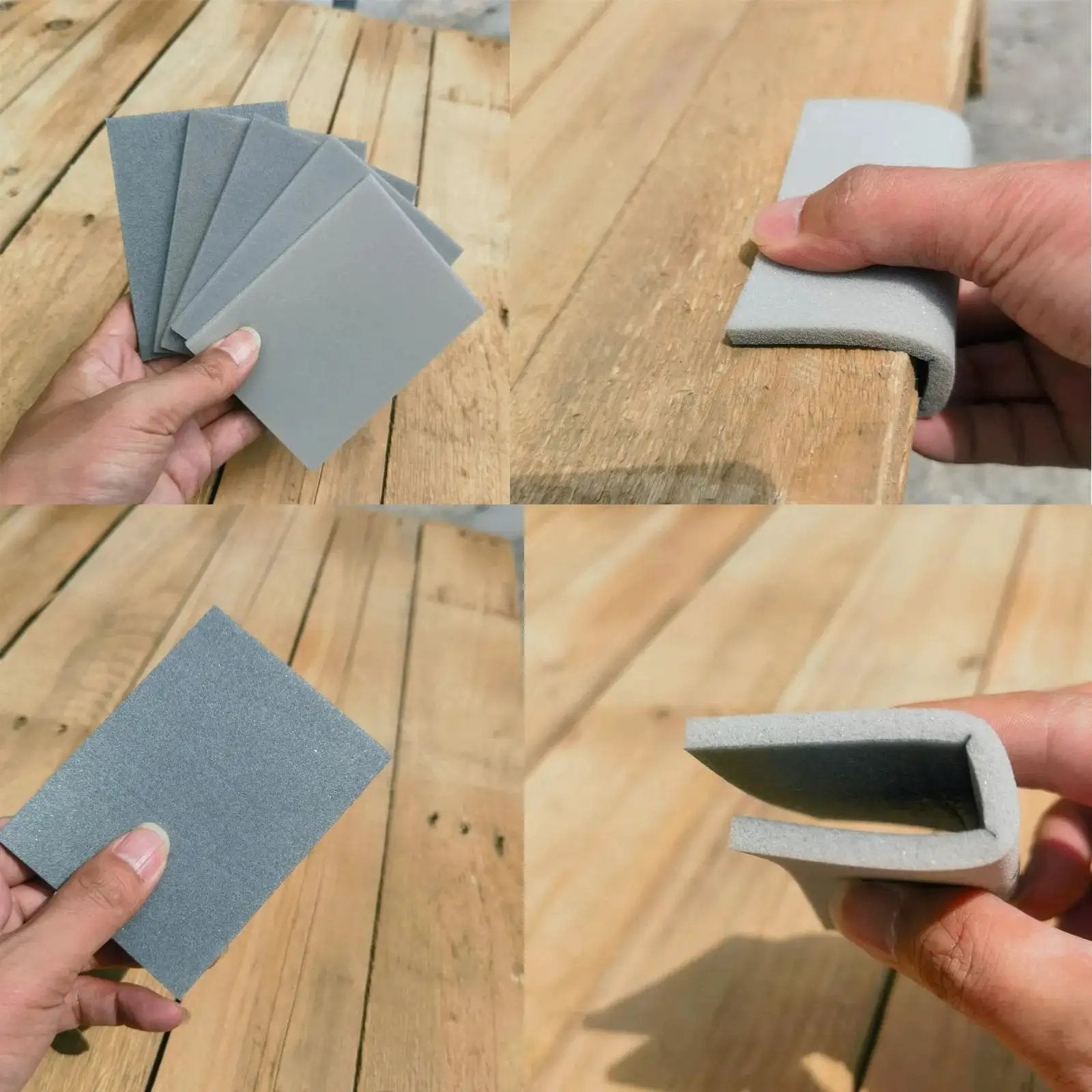 20 Pcs 3x4 Inch Sanding Sponge Set 400 600 1000 2000 3000 Grit For Wet Dry Use, shown in hand and in use on wood surface