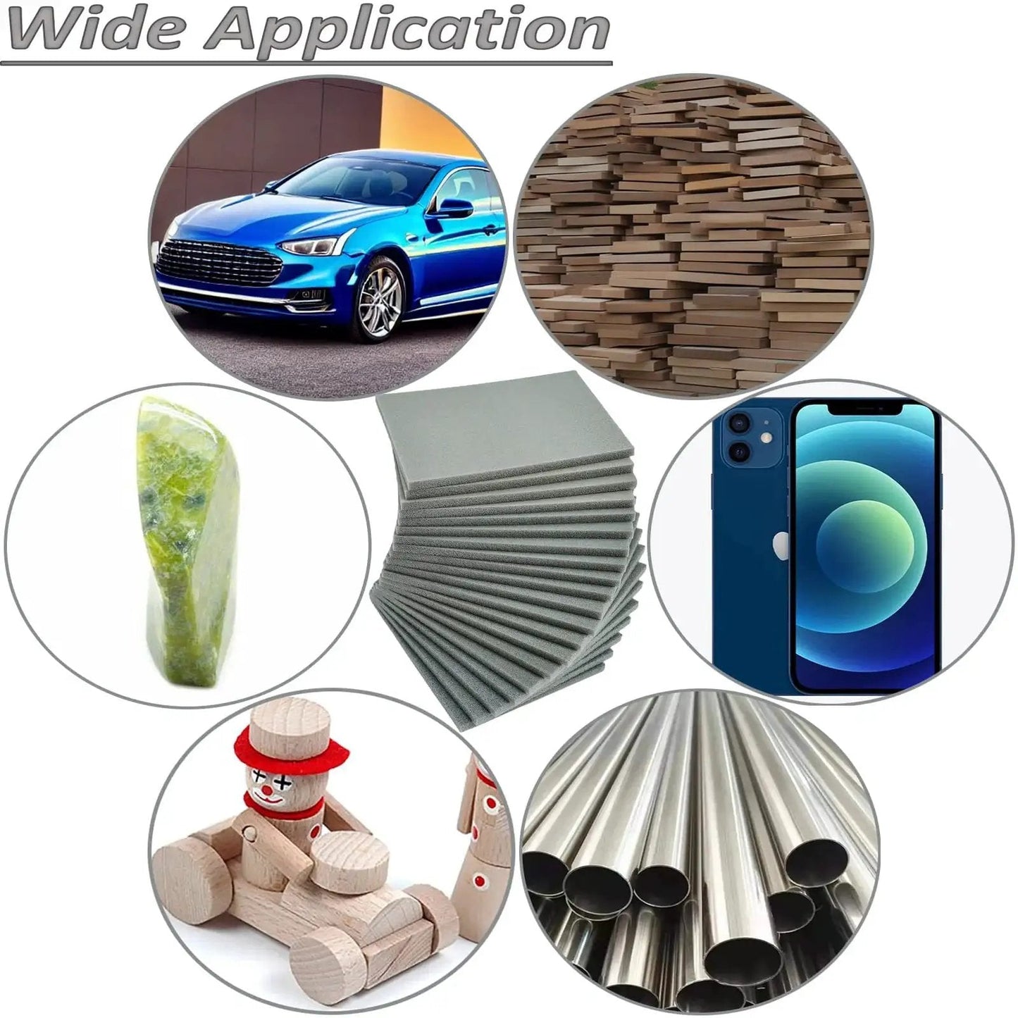 Varied uses of 20 Pcs 3x4 Inch Sanding Sponge Set 400 600 1000 2000 3000 Grit for Wet Dry Use, including car, wood, stone applications.