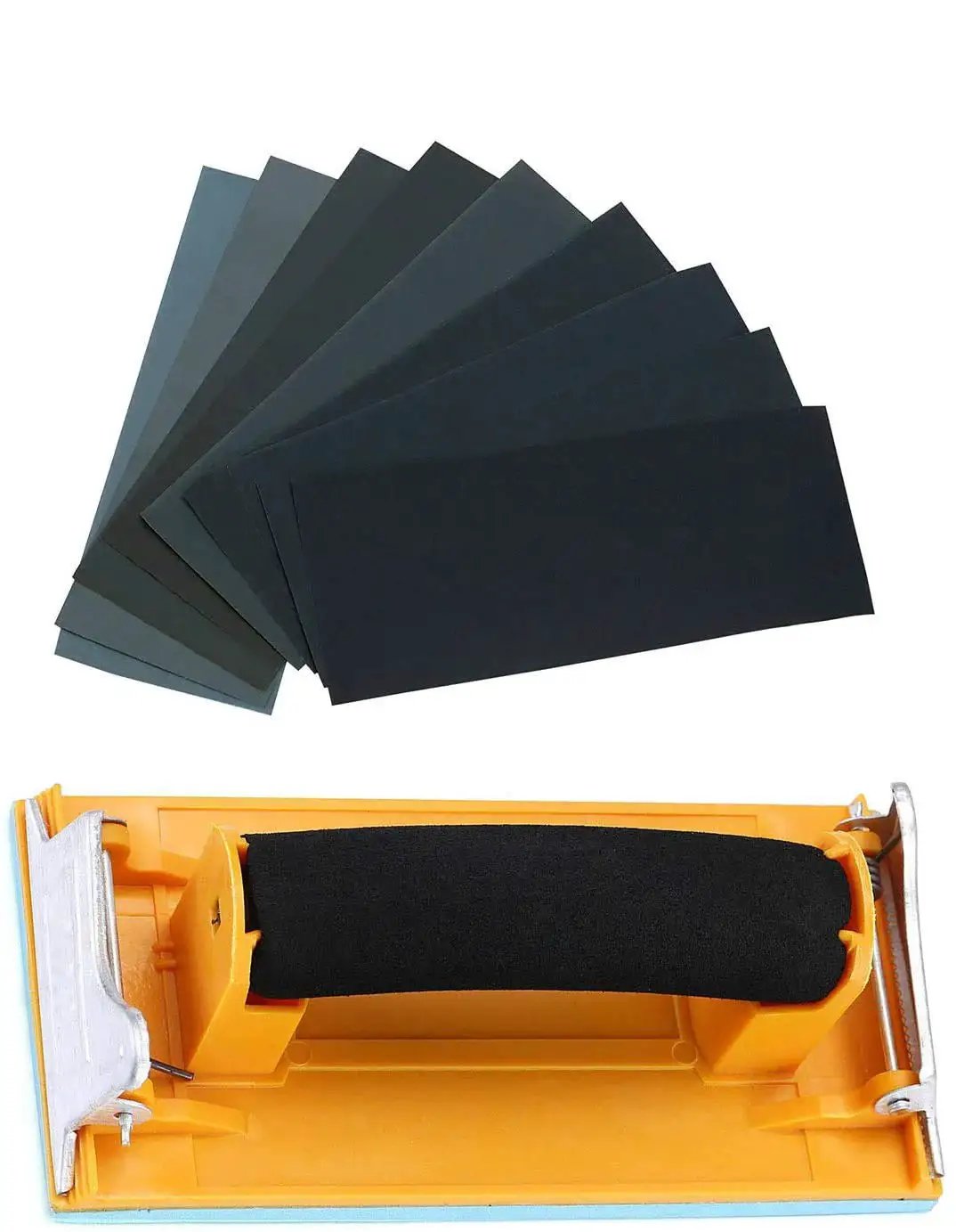 24 Sheet Sandpaper Variety Pack 120 To 3000 Grits With Hand Sander 9x3.6 Inch showing sandpapers and sander close-up