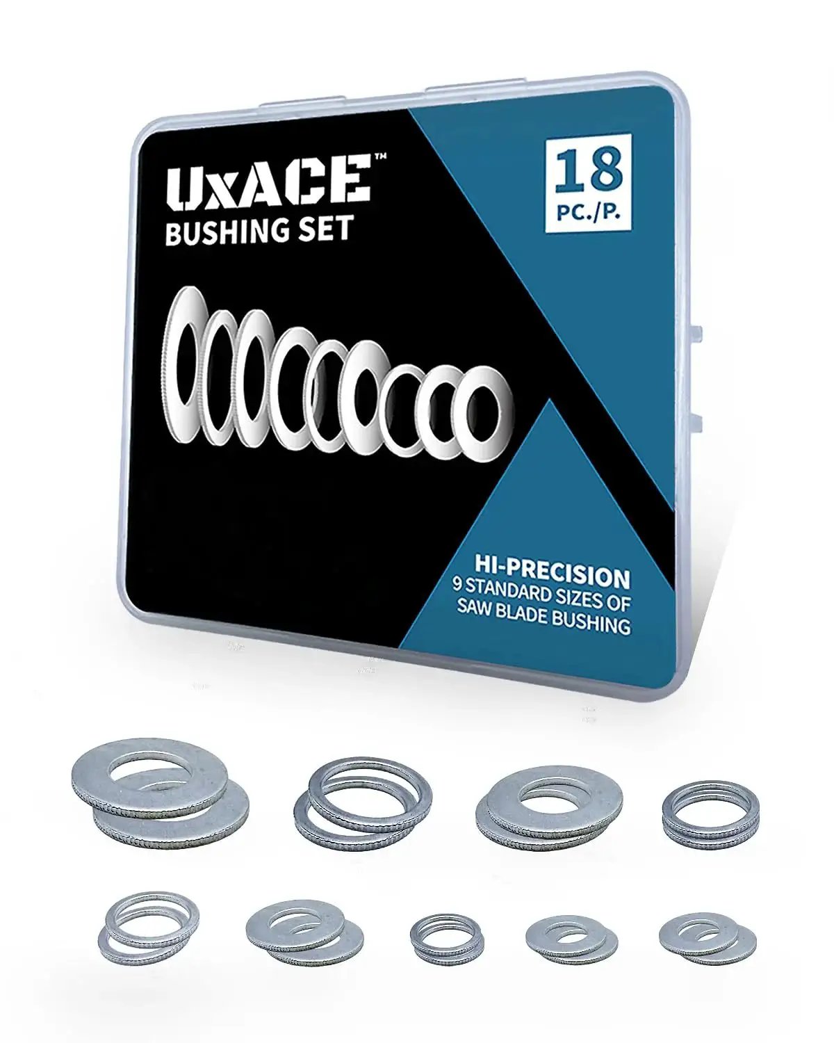 Saw Blade Bushing Set And Arbor Spacer Kit Reduction Ring Bundle 18 Pack with 9 sizes shown in packaging and individual bushings displayed