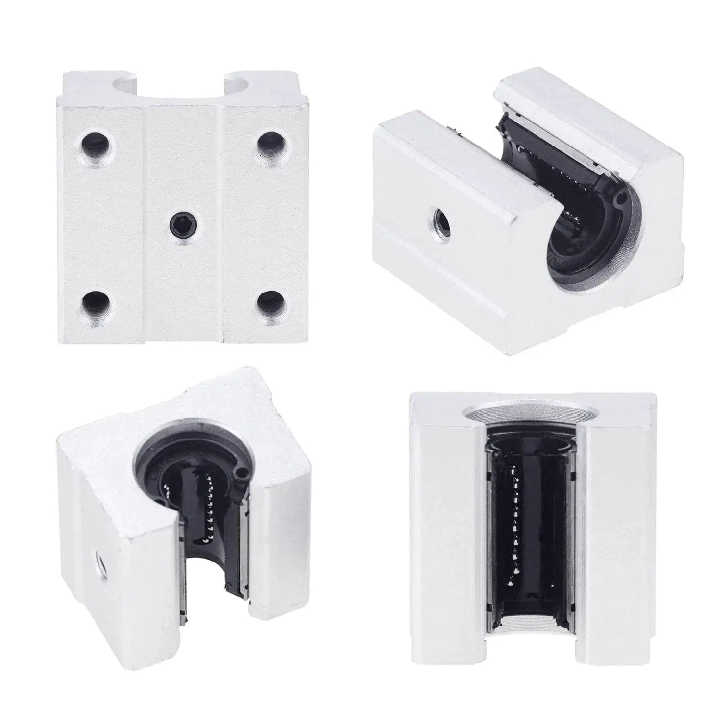 Four Piece SBR Linear Ball Bearing Blocks Set For 20mm SBR Rails And Guides, aluminum CNC parts shown from various angles.