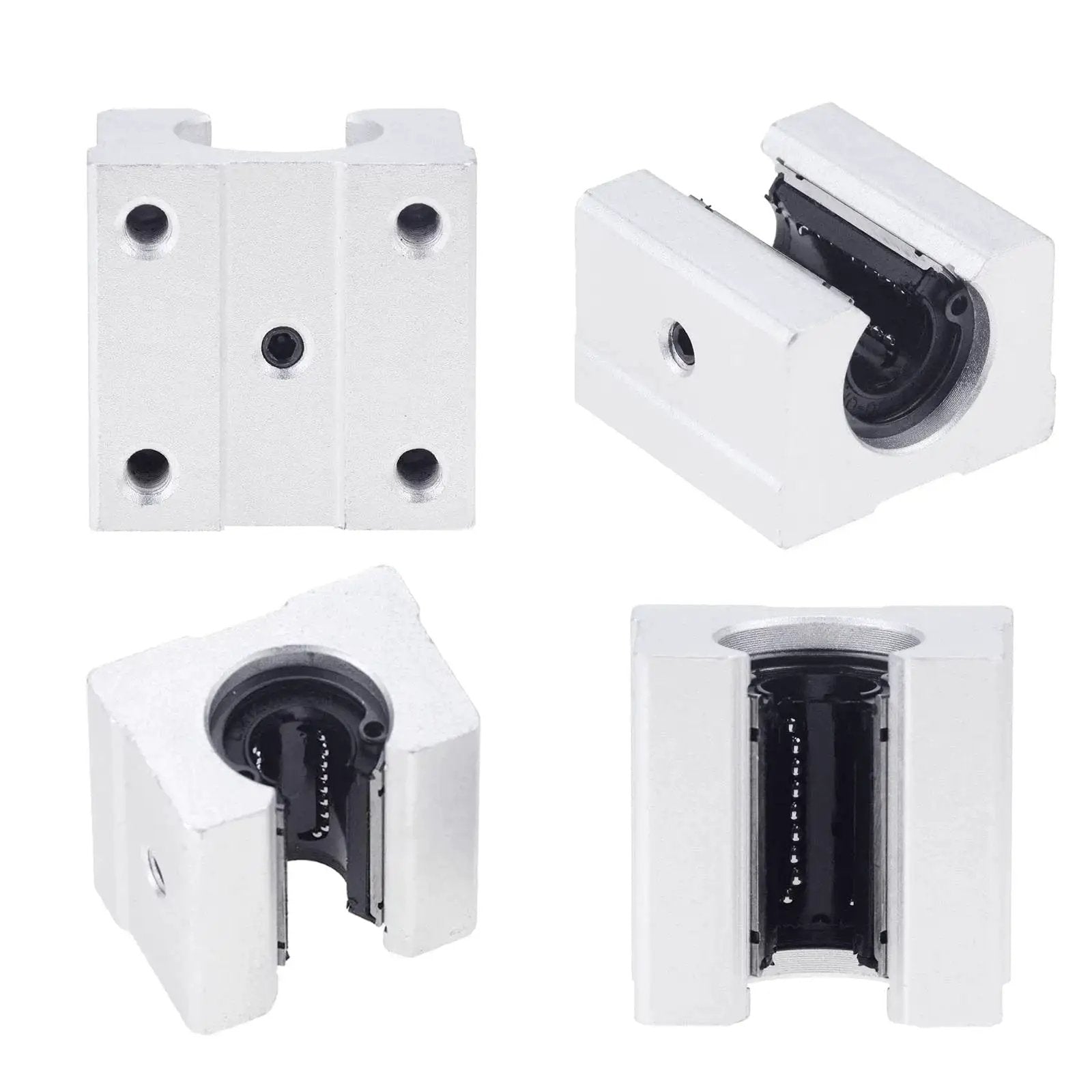 Four Piece SBR Linear Ball Bearing Blocks Set For 20mm SBR Rails And Guides, aluminum CNC parts shown from various angles.