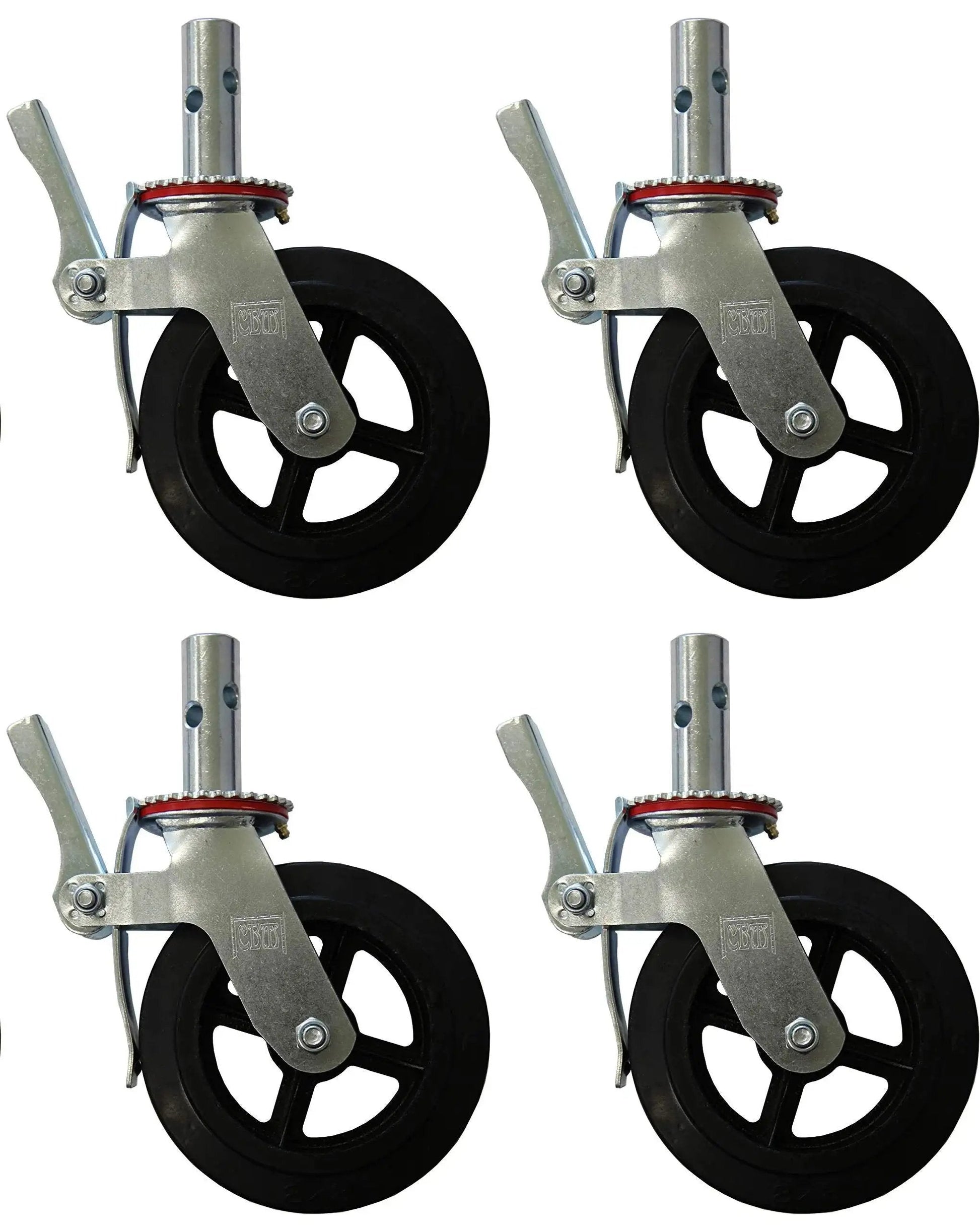 Set Of Four Eight Inch Caster Wheels With Cast Iron Hubs And Locking Brakes CBM1290 Heavy Duty 1100 Pound Load Capacity