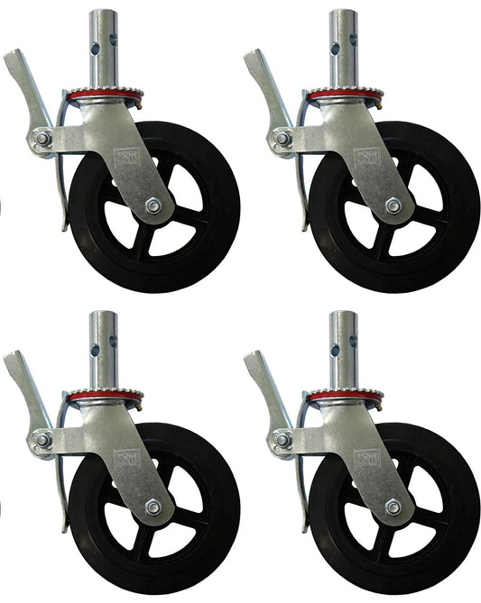 Set Of Four Eight Inch Caster Wheels With Cast Iron Hubs And Locking Brakes CBM1290 Heavy Duty 1100 Pound Load Capacity
