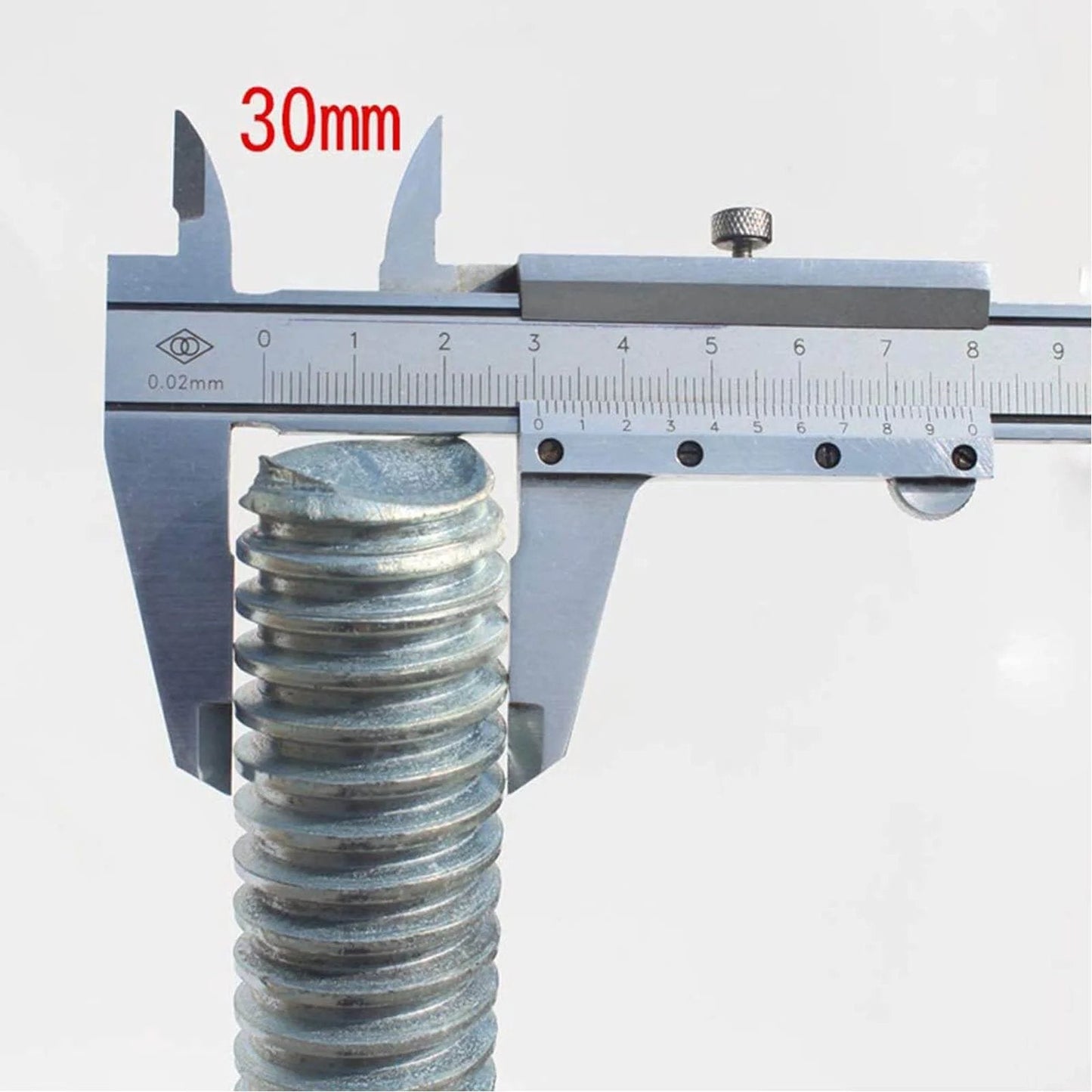 Close-up of a caliper measuring the 30mm diameter of the threaded stem of a Heavy Duty 6 Inch Locking Swivel Caster Wheel for Scaffolding.