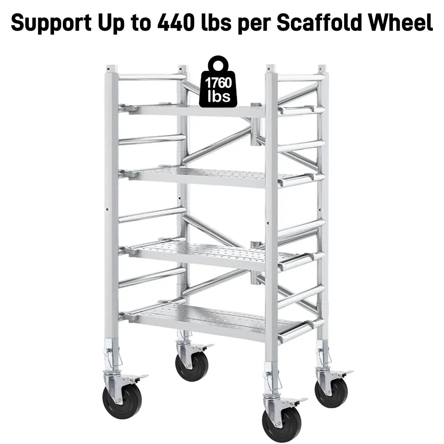 Scaffolding with 5 Inch Scaffolding Casters Set of 2 With Dual Locking Brakes, 440 Lbs Capacity, stainless steel frame.