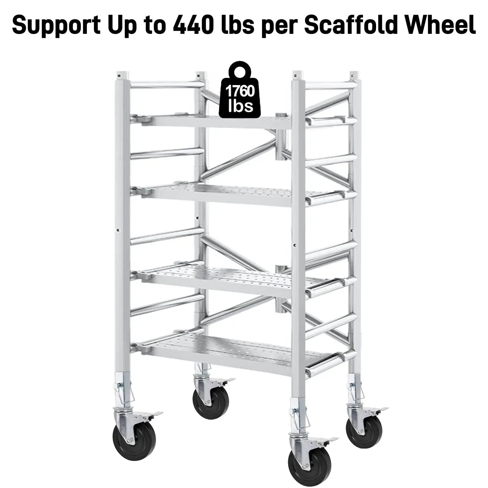 Scaffolding with 5 Inch Scaffolding Casters Set of 2 With Dual Locking Brakes, 440 Lbs Capacity, stainless steel frame.
