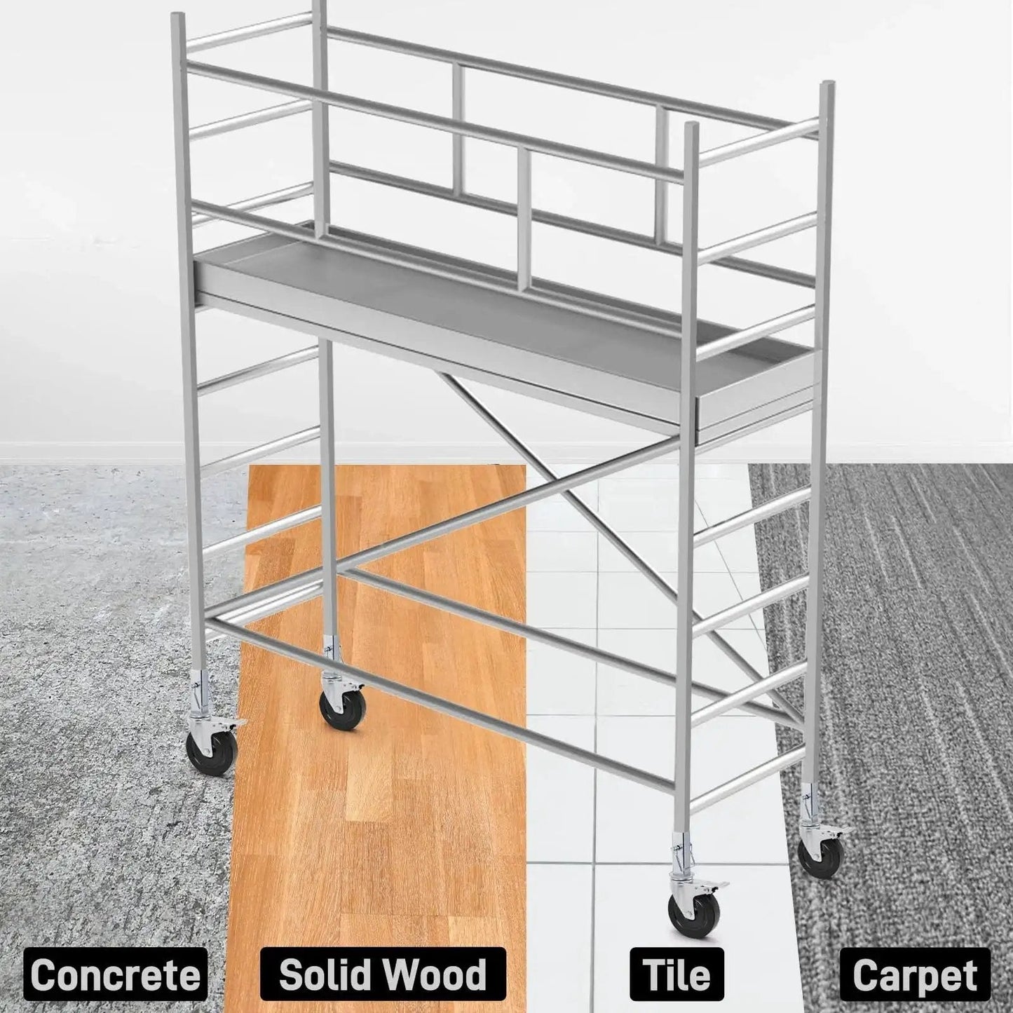 Scaffolding platform on various floor surfaces with 5 inch scaffolding casters set of 2 with dual locking brakes and square stem.