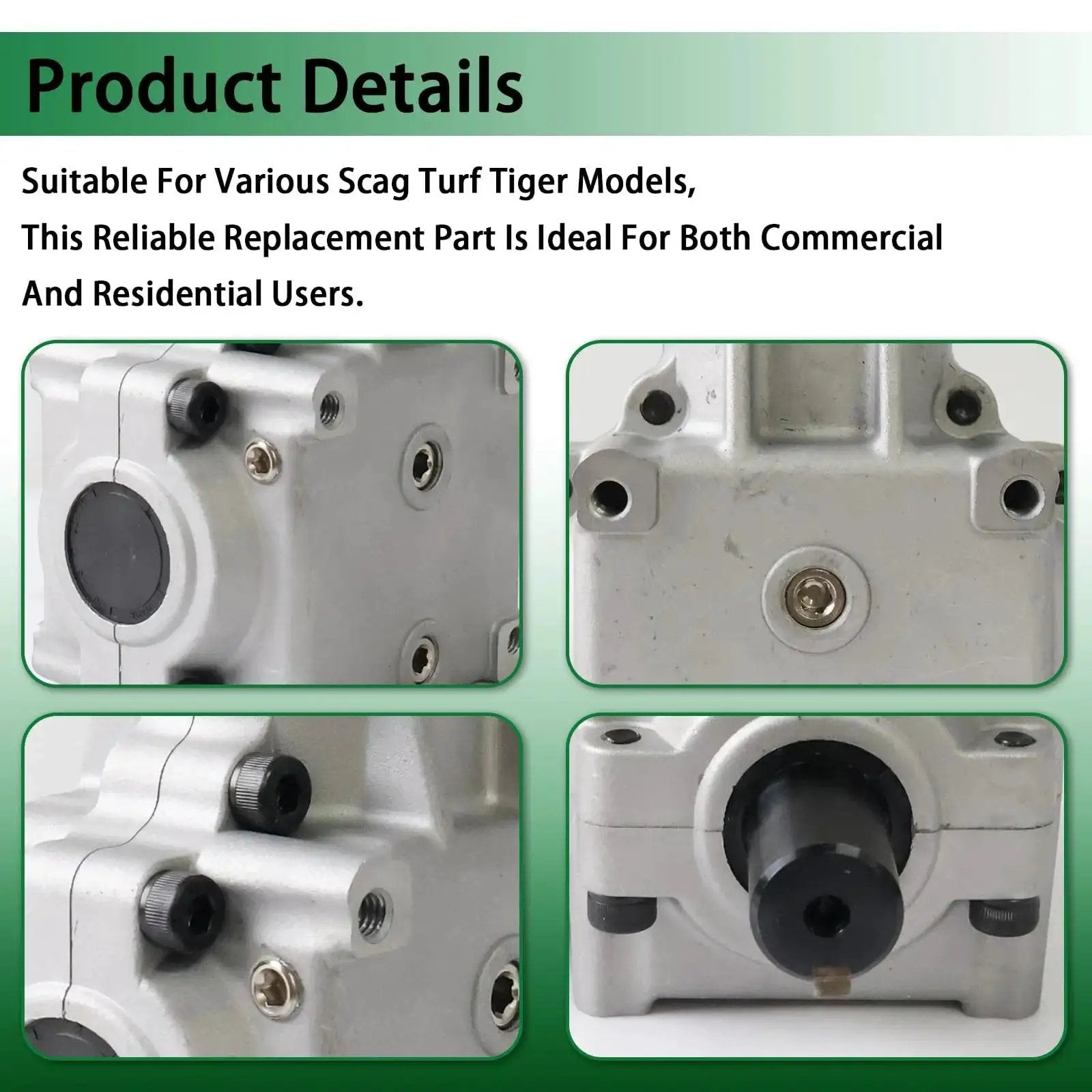 Close-up of Deck Gear Box Assembly for Scag Turf Tiger Mower 482486 481516 Replacement showing metal housing and bolts