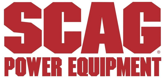Scag Power Equipment logo in bold red letters on a white background.