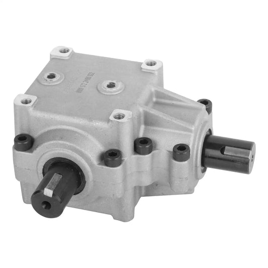 Front view of Deck Gear Box Assembly For Scag Turf Tiger Mower 482486 481516 Replacement, showing metal casing and connection shafts.
