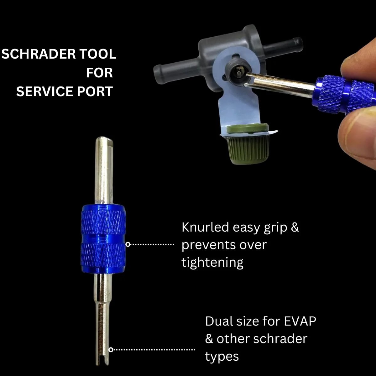 Close-up of Schrader tool for service port from EVAP Service Port Connector Kit With 3 Pieces For Automotive Smoke Machines.