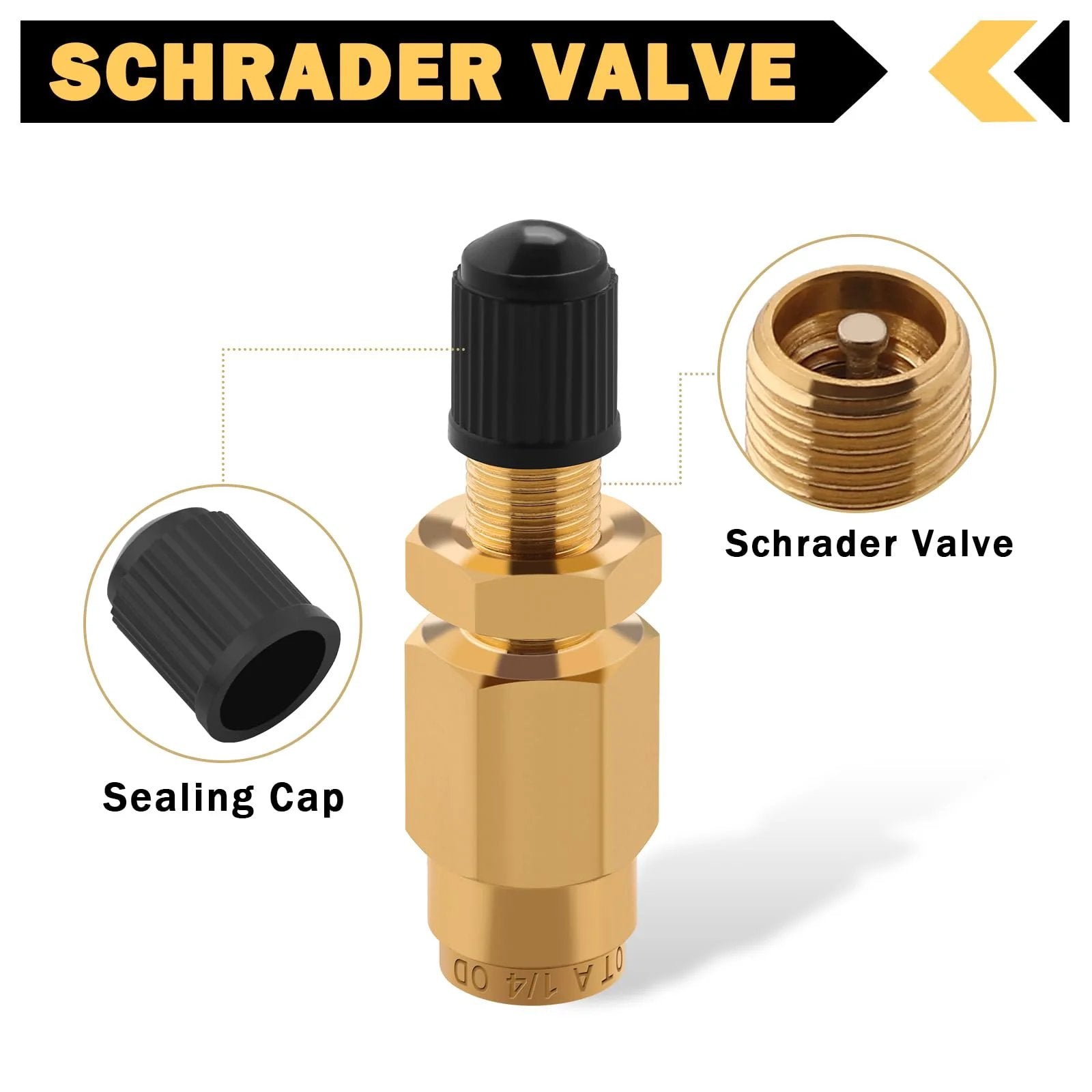 Inflation Schrader Valve With Push To Connect For One Quarter Inch Air Line Tubing And Air Spring Suspension On Semi Truck Trailer Tractor DOT Certified Brass No Leak Construction For Heavy Duty Use Performance close-up view showing the valve and sealing cap.