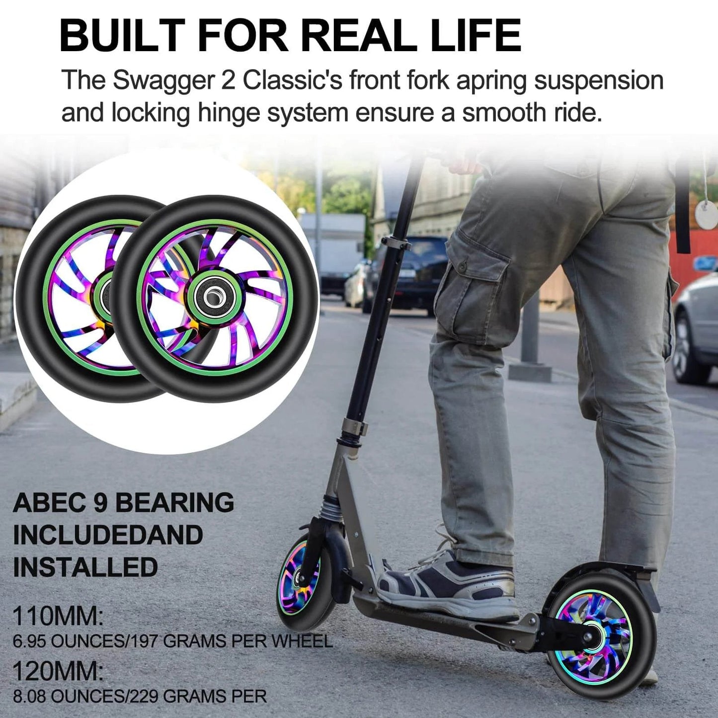 Rider on scooter with 100mm Scooter Replacement Wheels 2 Pack with 88A PU Tires Aluminum Core and 608RS Bearings Installed