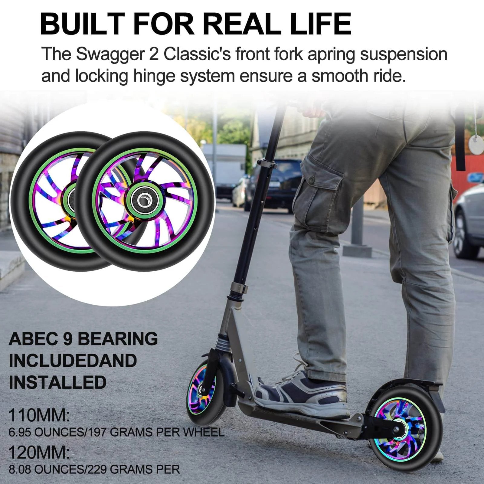 Rider on scooter with 100mm Scooter Replacement Wheels 2 Pack with 88A PU Tires Aluminum Core and 608RS Bearings Installed