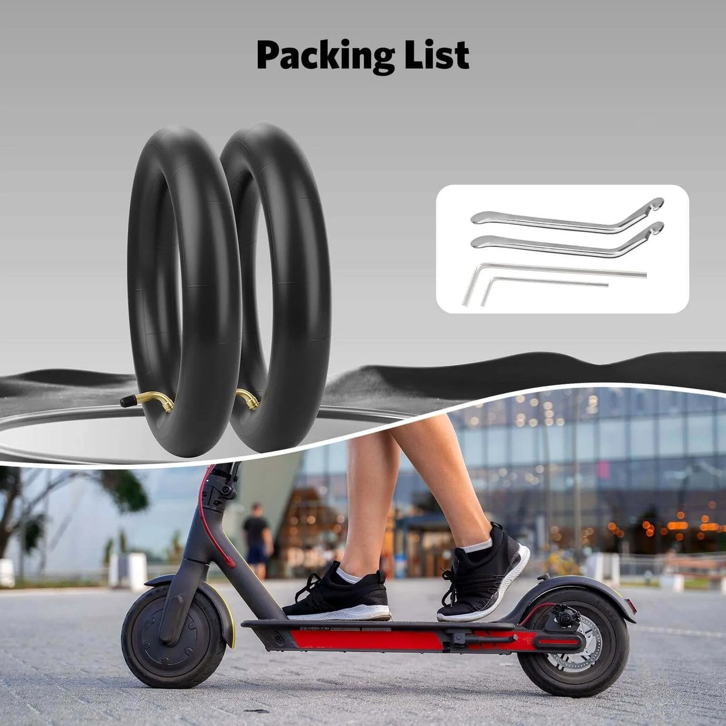 2Pack 8.5 Inches Scooter Inner Tube,8.5'' x 2" Inner for Gotrax Gxl V2 M365, shown with tools and scooter in urban setting