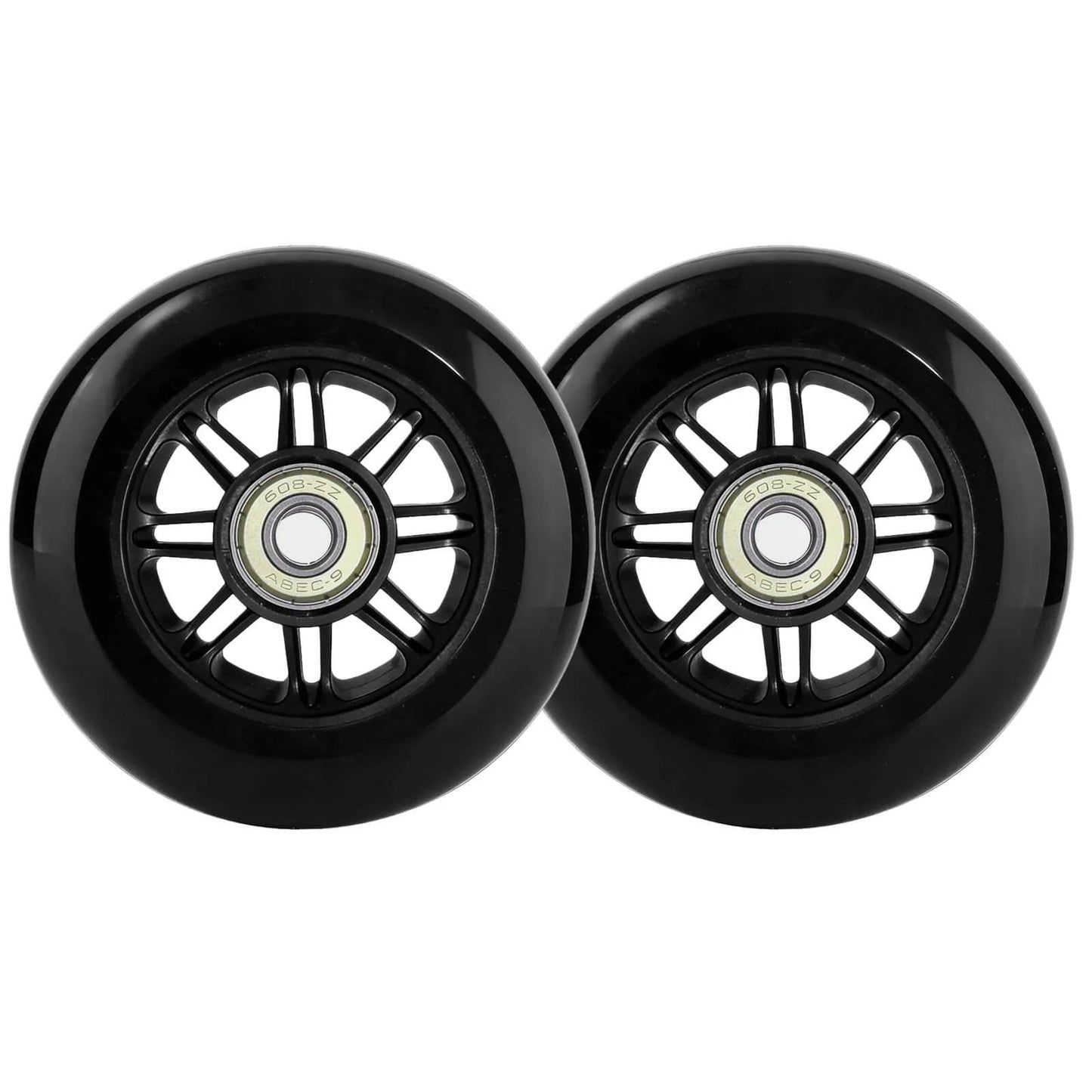 Pro Kick Scooter Replacement Wheels 100mm Pair with high-speed smooth bearings, heavy duty black PU wheels for universal scooter repair.