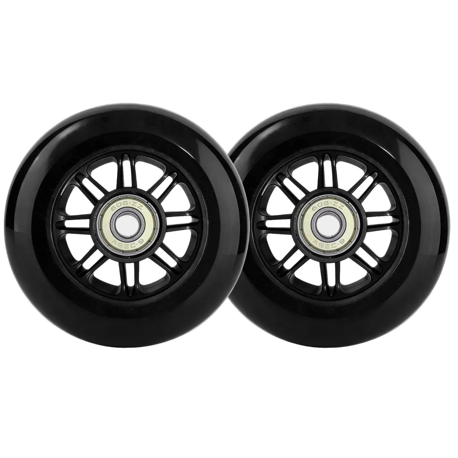 Pro Kick Scooter Replacement Wheels 100mm Pair with high-speed smooth bearings, heavy duty black PU wheels for universal scooter repair.