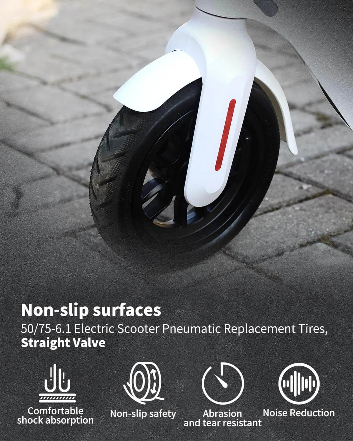 Front view of scooter with 8.5 Tire Tube 50/75-6.1 Scooter Tire Replacement for Gorax/Electric Scooter installed, showing non-slip surfaces.