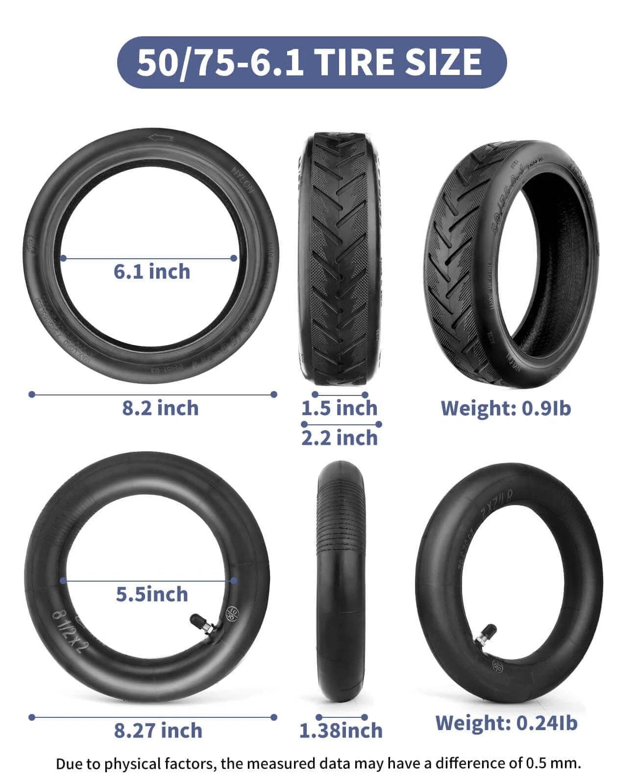 50/75-6.1 tire size chart showing dimensions and weights for scooter tire and inner tube set
