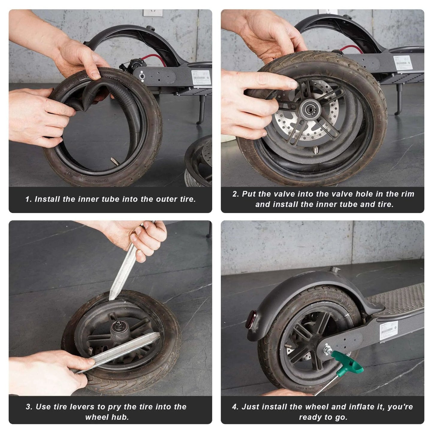 Installation steps for 8.5 Inch Scooter Inner Tubes, compatible with Gotrax Gxl V2/ M365/Pro 2/1s, showing tube insertion and tire mounting.