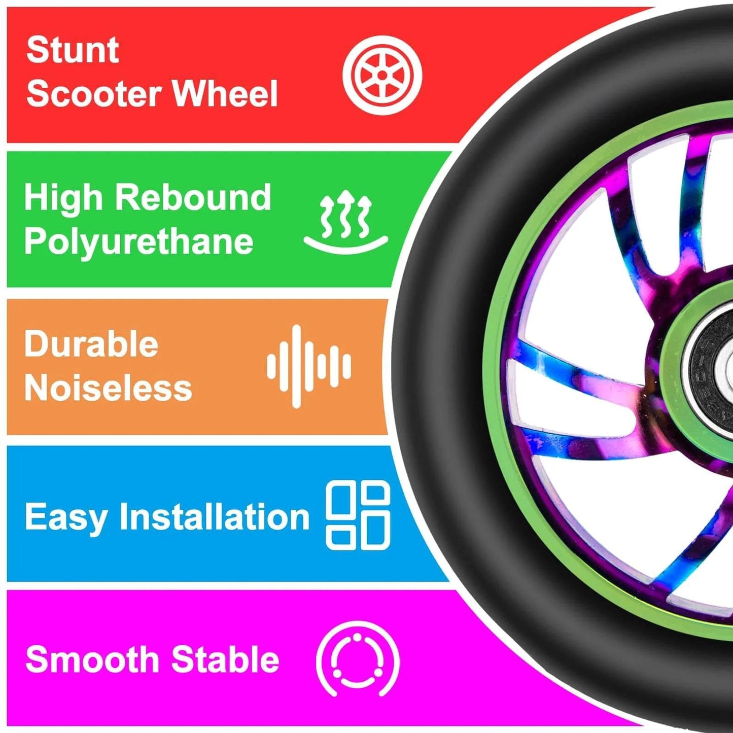 100mm Scooter Replacement Wheels 2 Pack with 88A PU Tires Aluminum Core and 608RS Bearings Installed, multicolored wheel close-up