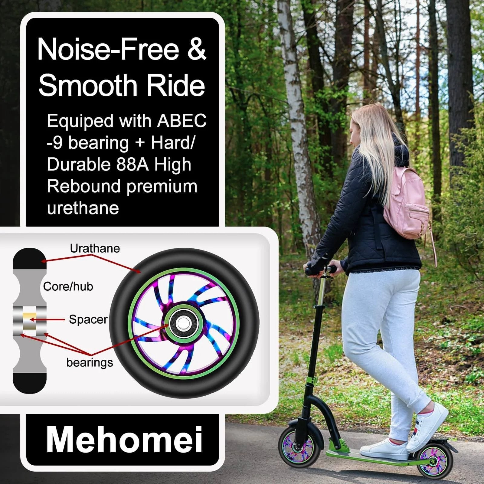 Woman riding a kick scooter with 100mm Scooter Replacement Wheels 2 Pack with 88A PU Tires Aluminum Core and 608RS Bearings Installed.