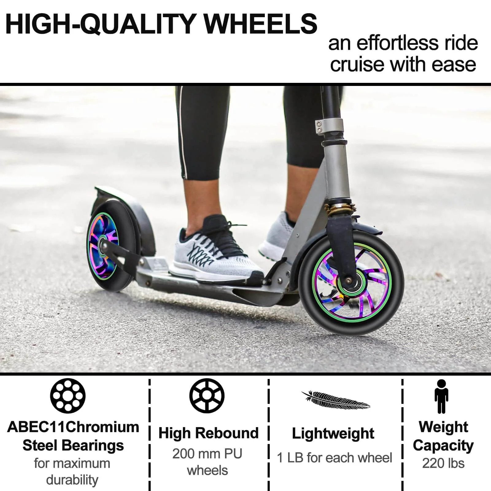 Person riding a scooter with 100mm Scooter Replacement Wheels 2 Pack with 88A PU Tires Aluminum Core and 608RS Bearings Installed