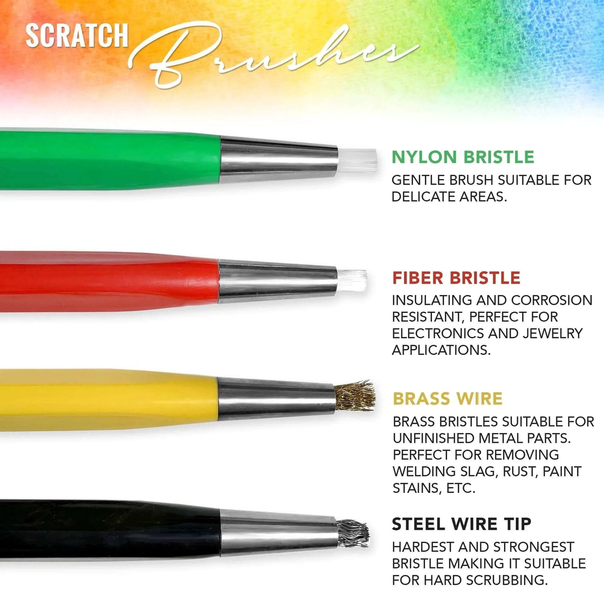 Fiberglass Pen Scratch Brush Set with steel, brass, nylon, and fiberglass tips for jewelry, corrosion removal, and auto body work