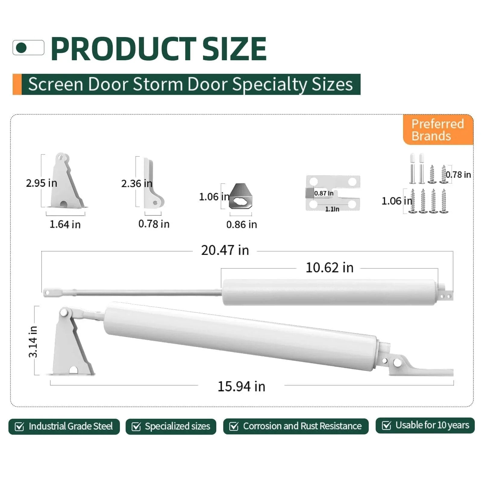 Screen Door Closer, Storm Door Closer,Lasts for 10 Years, specifically Designed for Screen Doors and Storm Doors, 1 Pack product dimensions and parts