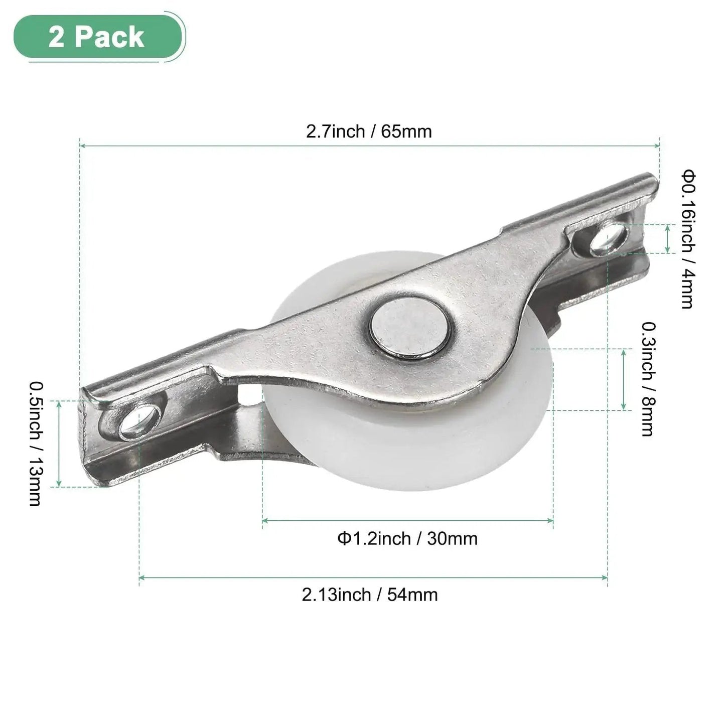 2-Pack Screen Door Rollers, 30mm Diameter Nylon Pulley Wheels, durable iron and nylon casting, dimensions and design visible
