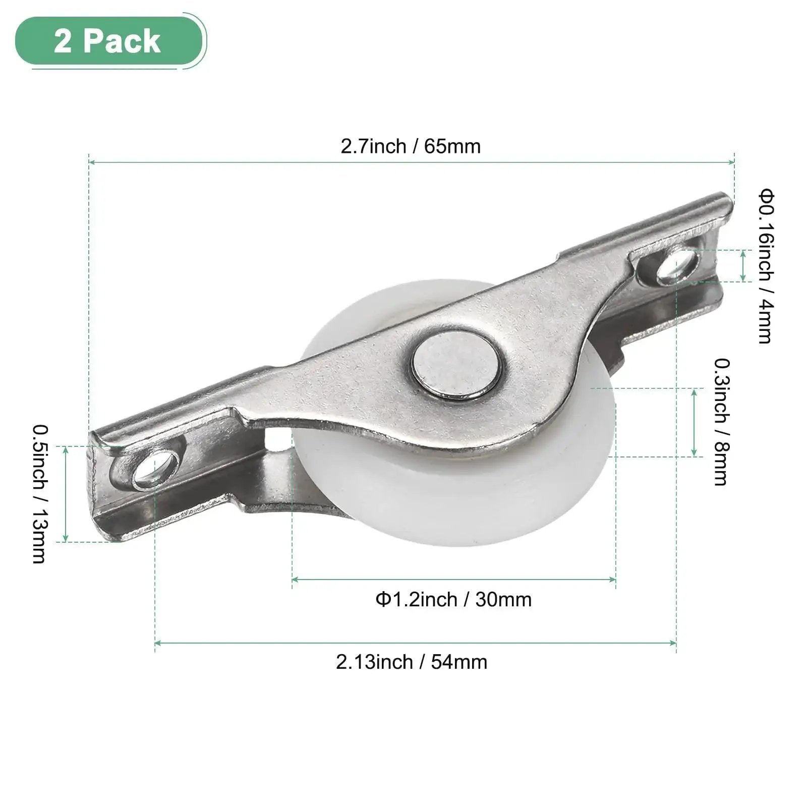 2-Pack Screen Door Rollers, 30mm Diameter Nylon Pulley Wheels, durable iron and nylon casting, dimensions and design visible