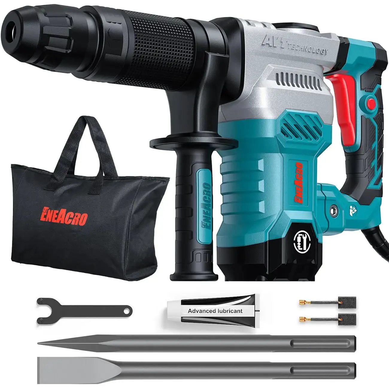 Lightweight SDS-Max demolition hammer for efficient concrete breaking with 11 Amp power, vibration control, aluminum shell, chisels, handle, tool bag, grease.