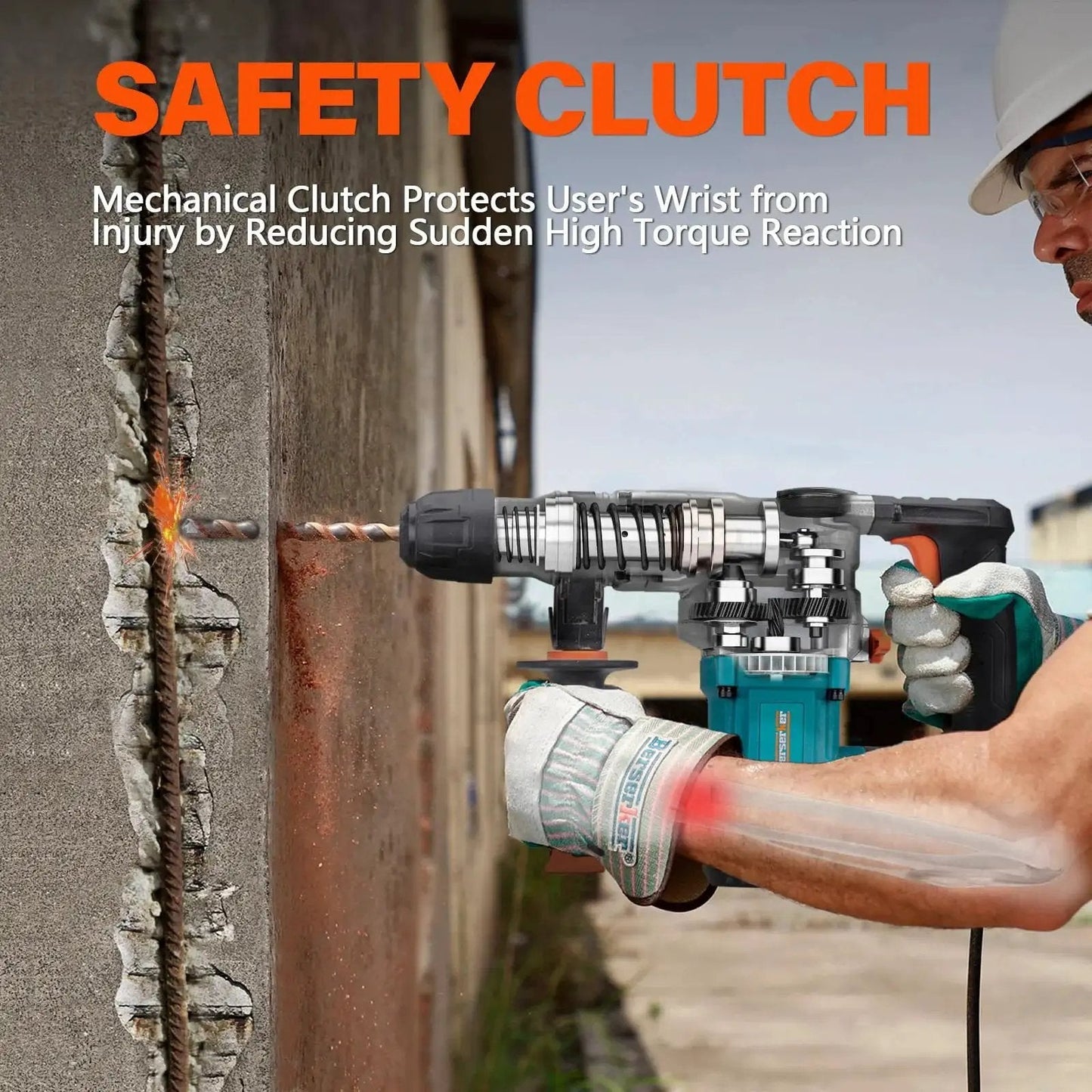 Powerful 9 Amp SDS-Plus rotary hammer delivers fast 1-1/8 in concrete drilling with three modes and safety clutch in use.