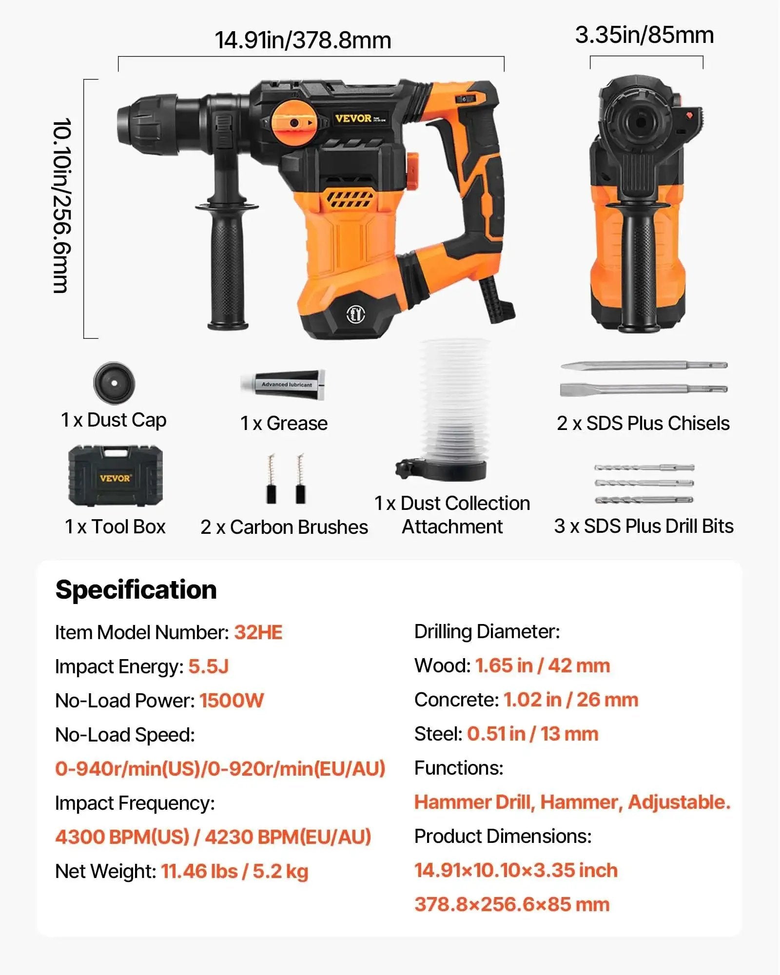 Powerful 1-1/4 inch SDS-Plus rotary hammer with 13A motor and 5.5J impact, accessories included, shown with detailed specifications.