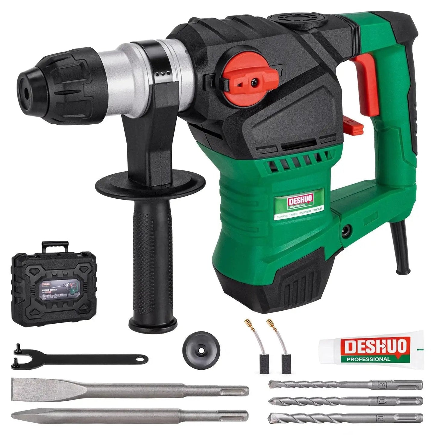 Powerful corded SDS Plus rotary hammer delivers efficient concrete drilling and chiseling with a 12.5 Amp motor shown with accessories.