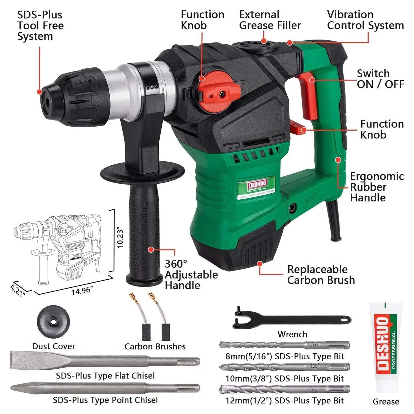 Powerful corded SDS Plus rotary hammer with 12.5 Amp motor, adjustable handle, and accessories for drilling and chiseling in DIY projects.