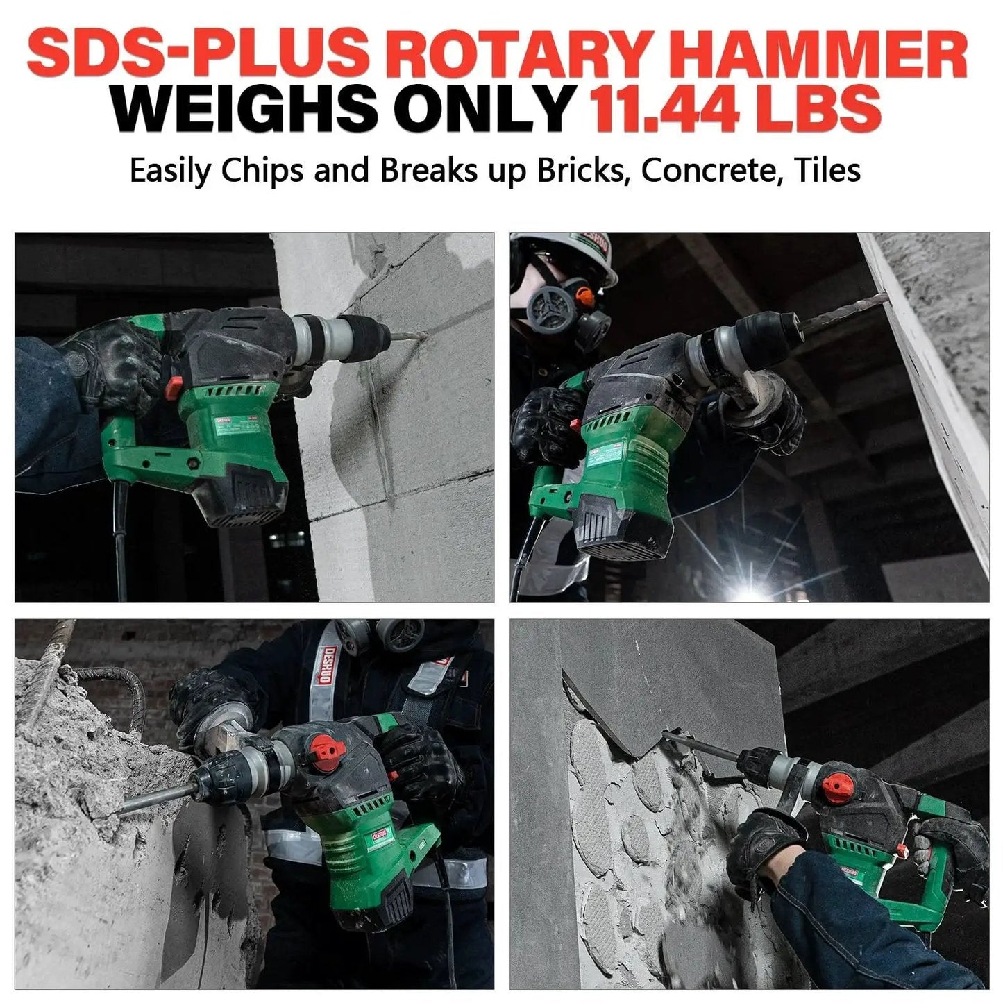 Powerful corded SDS Plus rotary hammer delivers efficient concrete drilling and chiseling with a 12.5 Amp motor, shown in use.