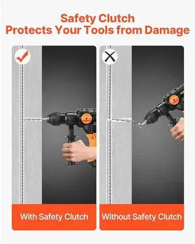 Comparison of drilling with and without safety clutch using Powerful 1-1/4 inch SDS-Plus rotary hammer with 13A motor and 5.5J impact