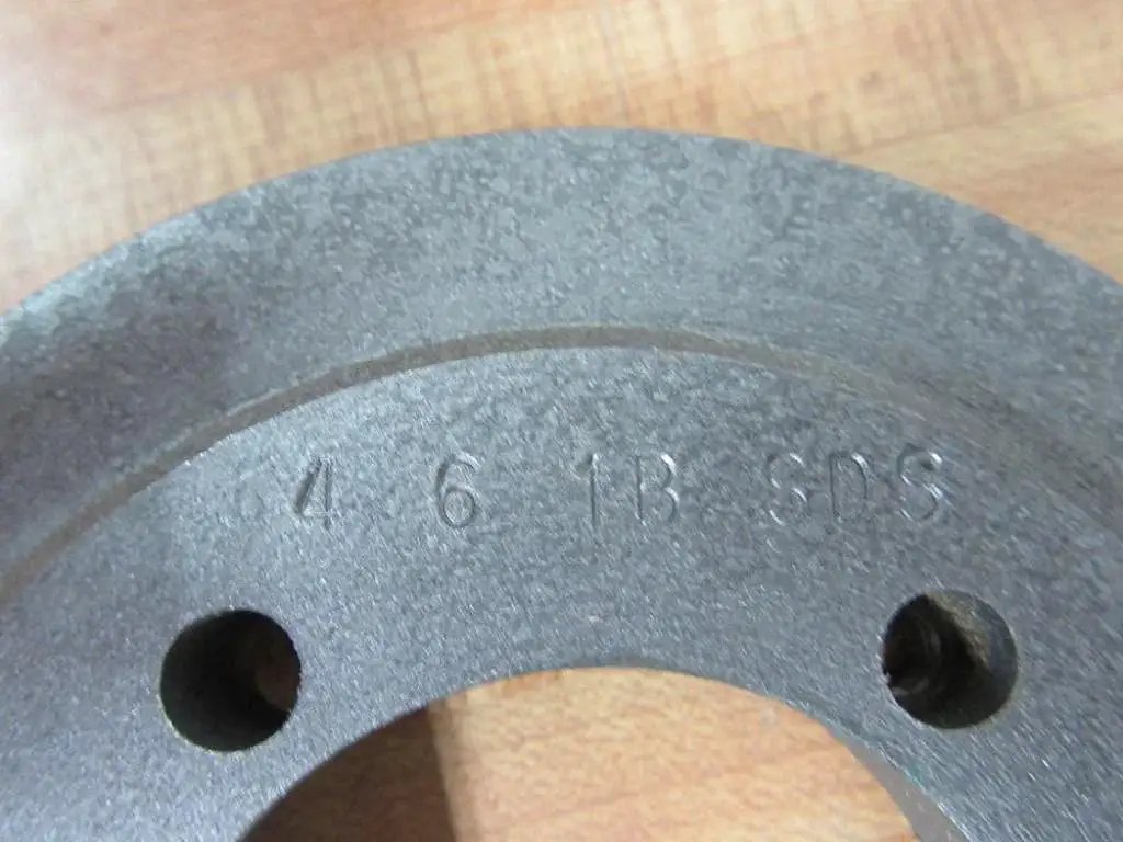 Close-up of Compact SDS pulley with 5 inch outer diameter and 2-1/8 inch bore for small machines and CNCs, marked 4.6 1B-SDS.