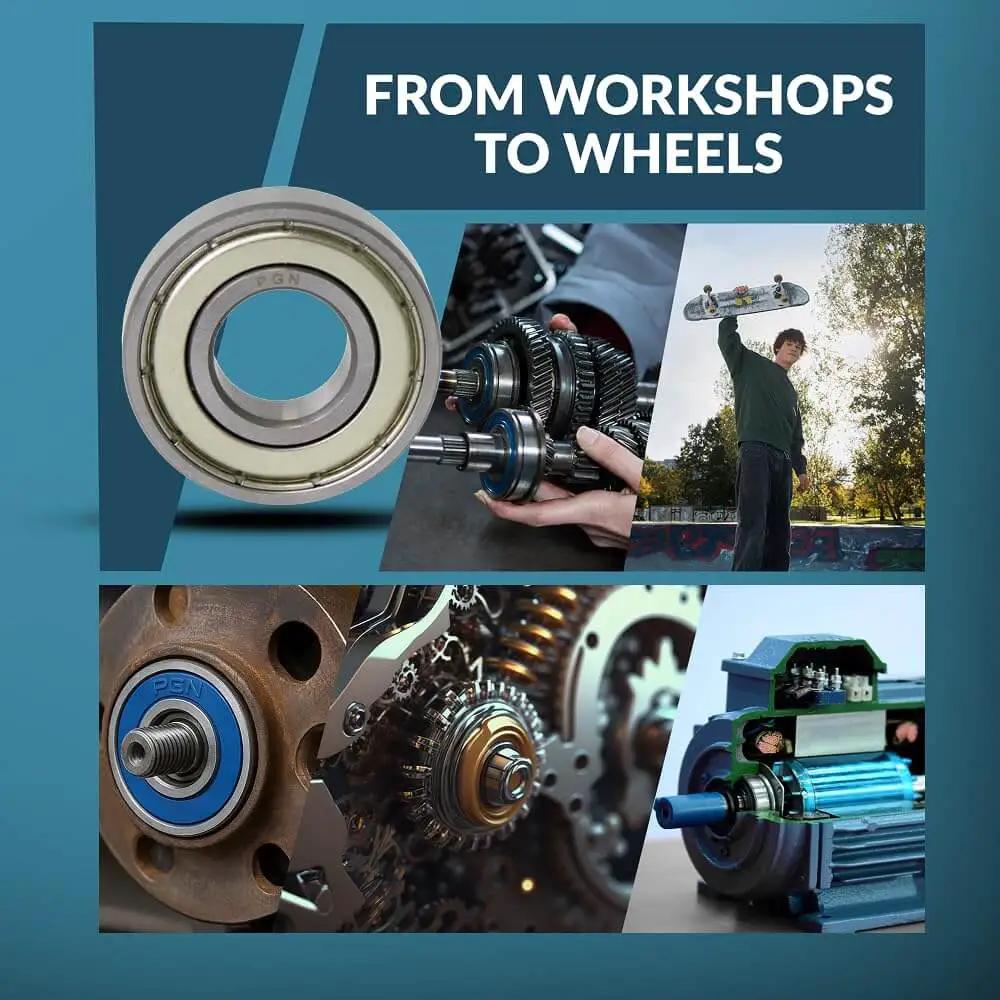 Collage featuring R10 ZZ Sealed Ball Bearing 5/8 x 1-3/8 inch in various industrial and recreational applications, including motors and skateboards.