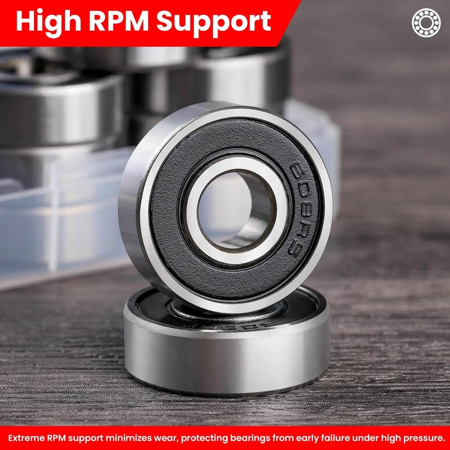 Close-up of Pack of 12 608-2RS sealed ball bearings 8x22x7mm in steel with portable storage box showcasing high RPM support.