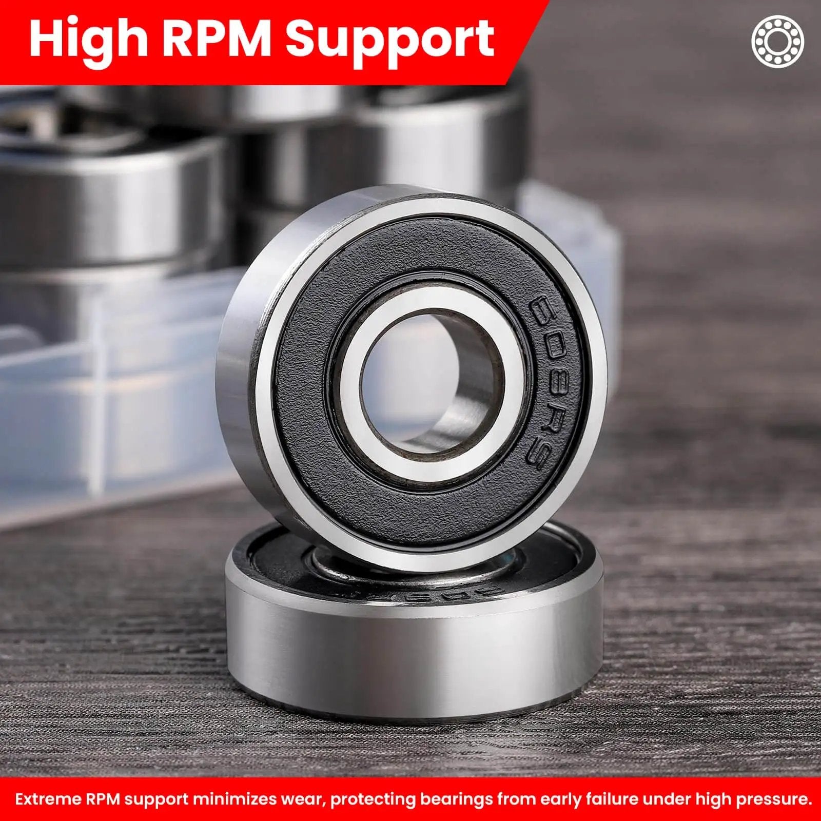Close-up of Pack of 12 608-2RS sealed ball bearings 8x22x7mm in steel with portable storage box showcasing high RPM support.