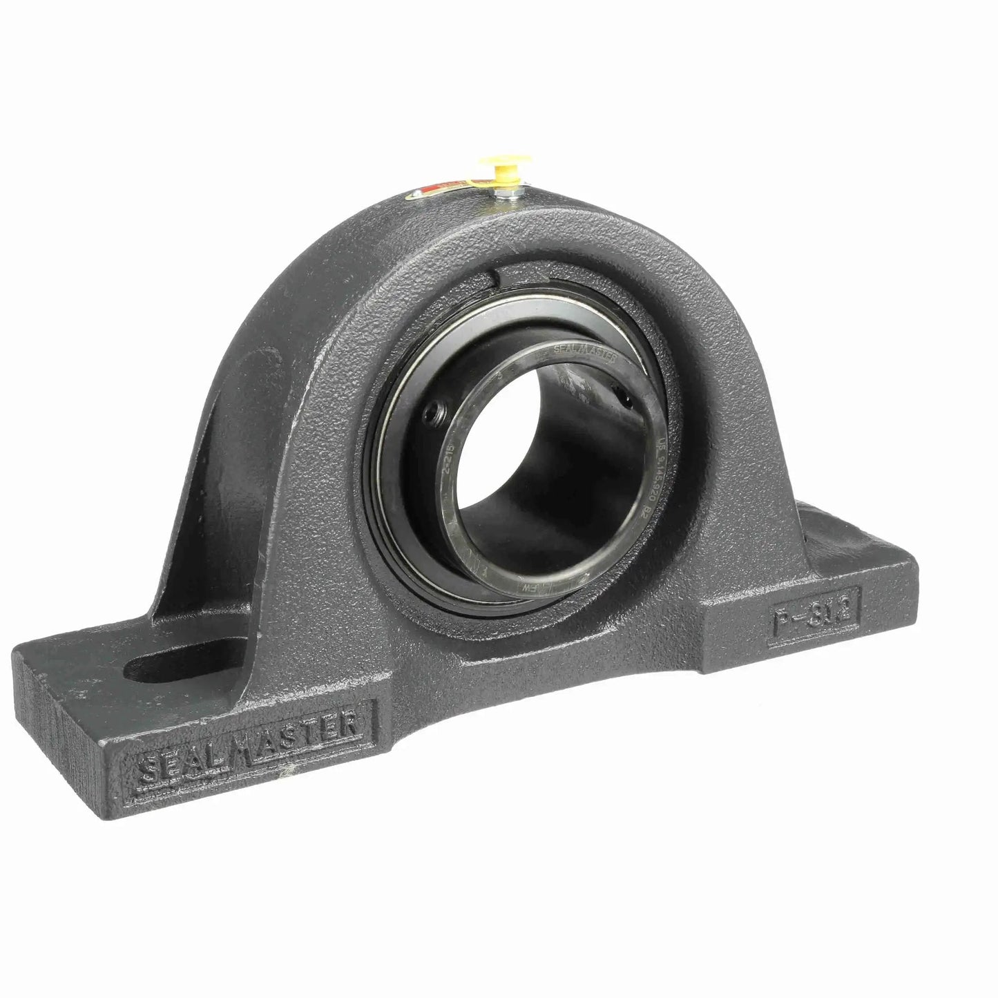 NP-47 Sealmaster mounted cast iron two bolt pillow block ball bearing with setscrew lock, black oxide finish.
